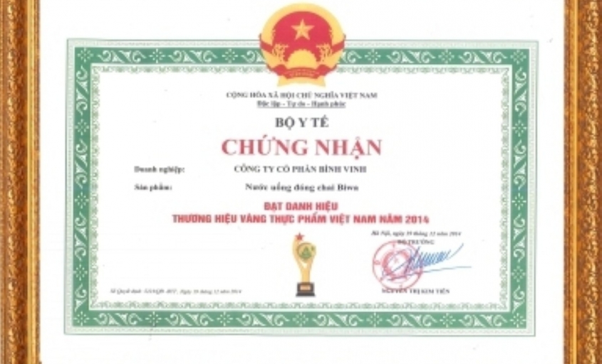 Chứng nhận Thương Hiệu Vàng thực phẩm Việt Nam của Bộ Y Tế