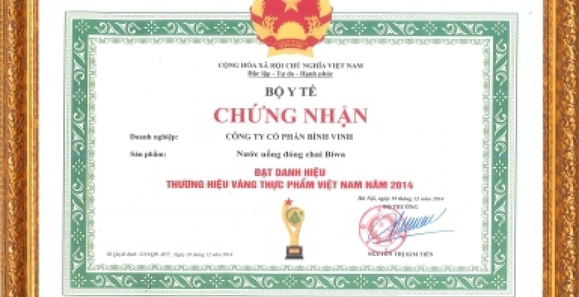 Chứng nhận Thương Hiệu Vàng thực phẩm Việt Nam của Bộ Y Tế
